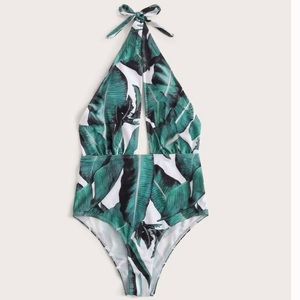 Tropical Leaf One piece Plunging Backless Swimsuit